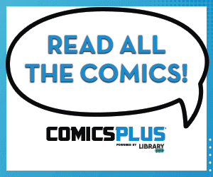 Flashes between a comic bubble that reads: Read all of the comics and layers of comic covers. Login.