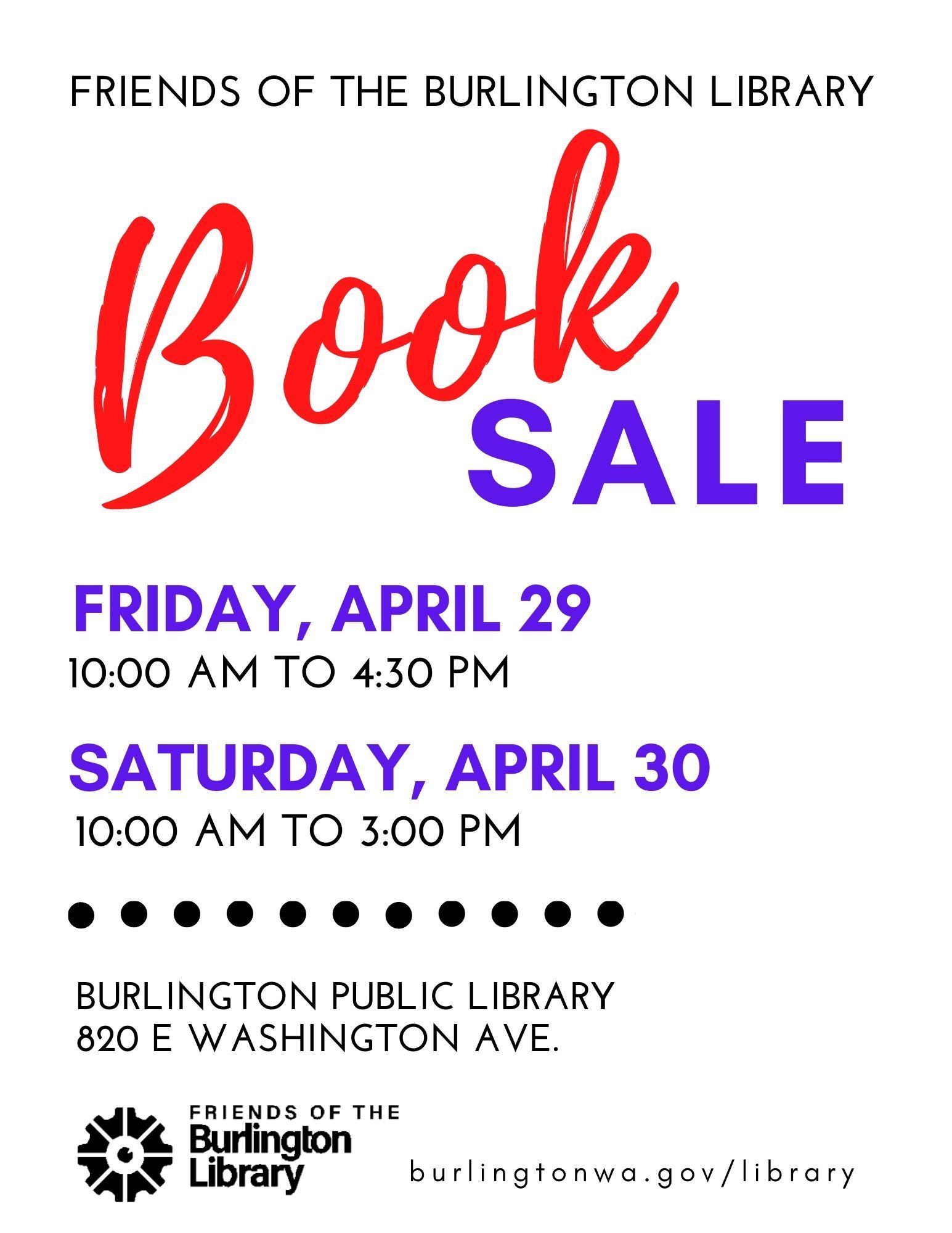 Friends of the Burlington Public Library book sale flyer, decorative.