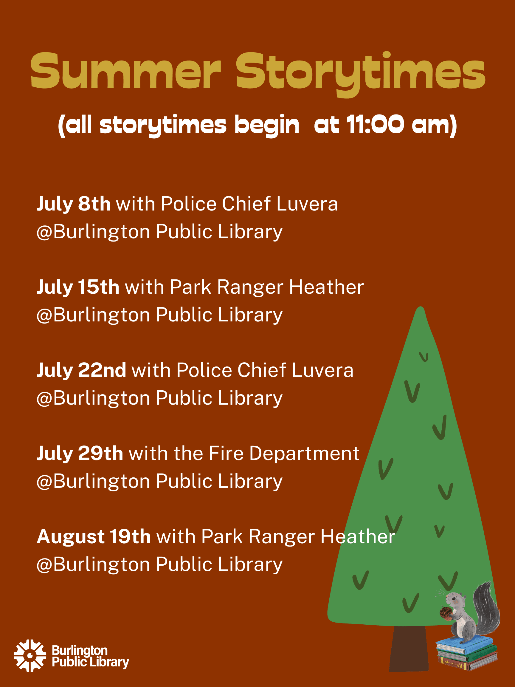 summer storytime flier with dates and times and a fir tree