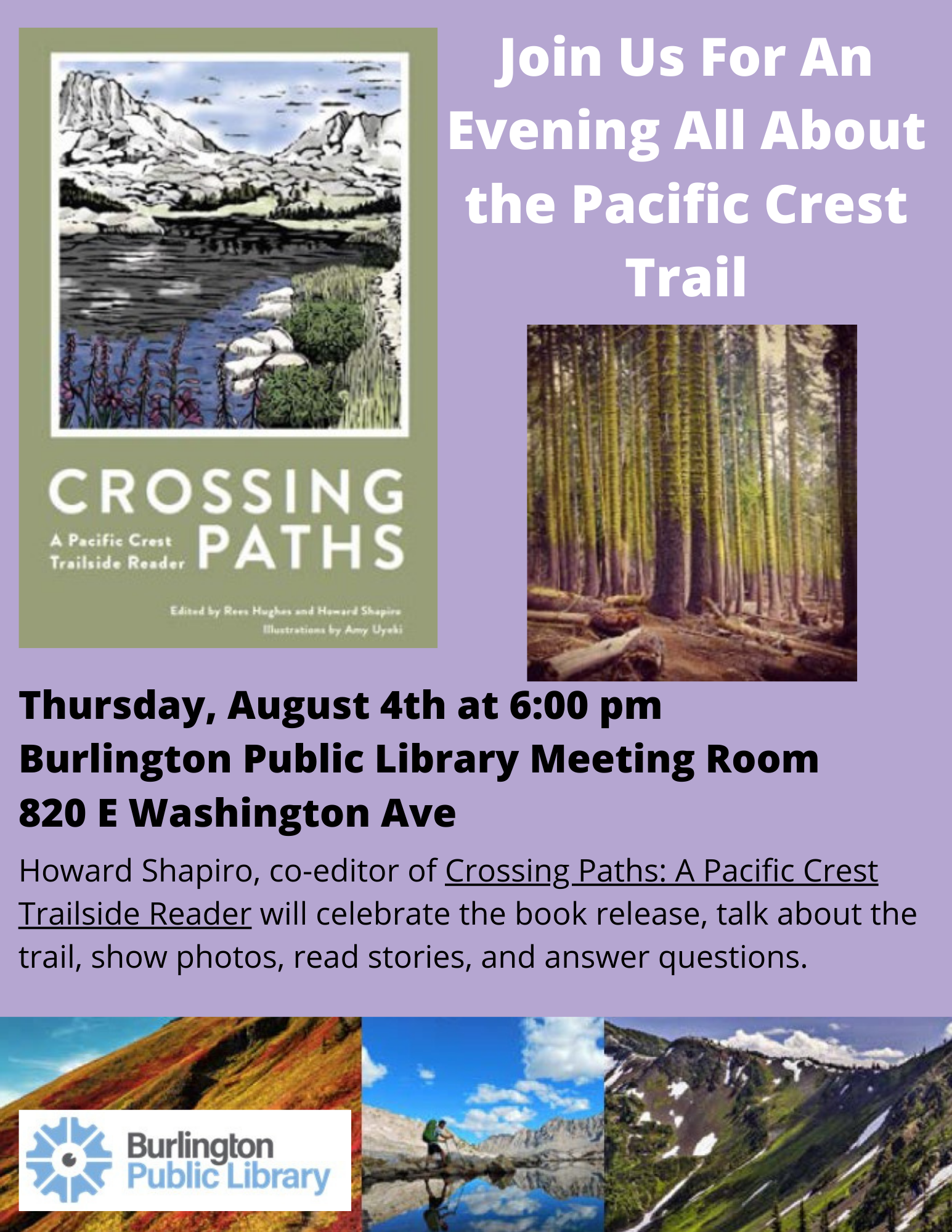 Crossing Paths Author Talk Flier with pictures of the book cover, stands of trees, and mountains.