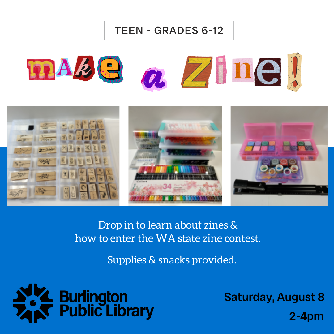 Picture of zine-making supplies: Markers, tape, stamps, stapler.